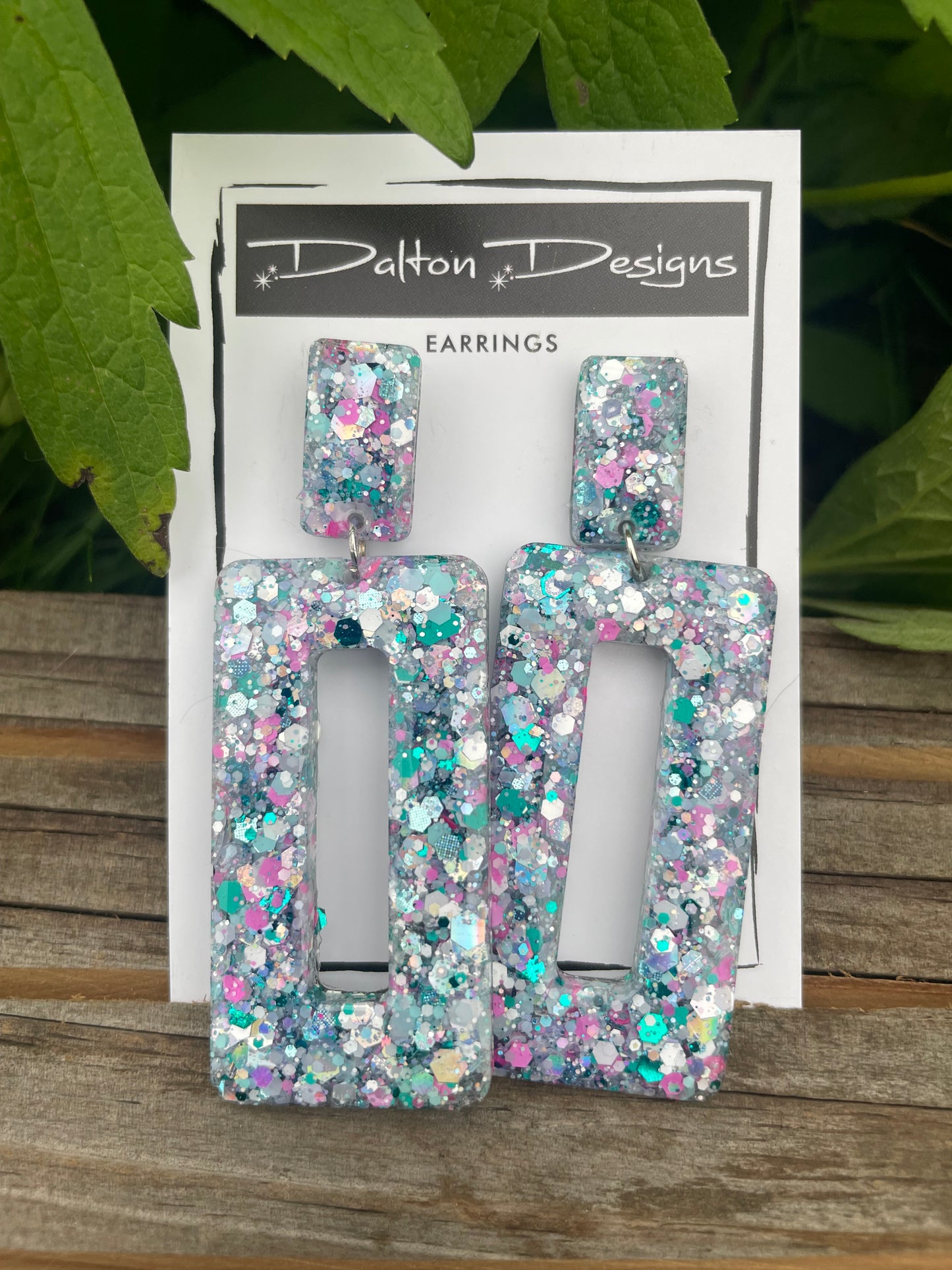 Teal+Pink+Silver Rectangular Earrings