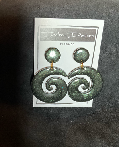 Smokey Hunter Green Glitter Spiral Earrings