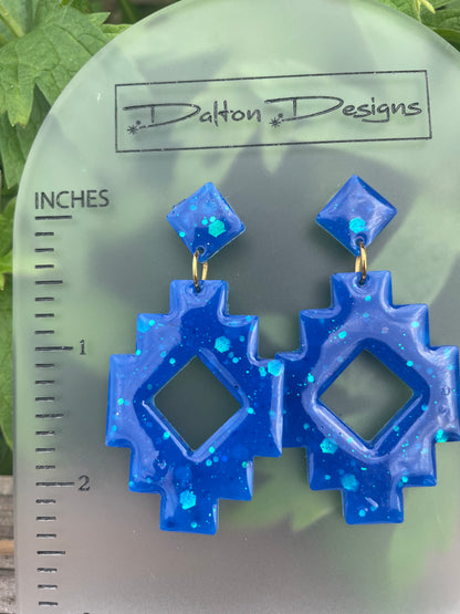 Blue Glitter Aztec Earrings