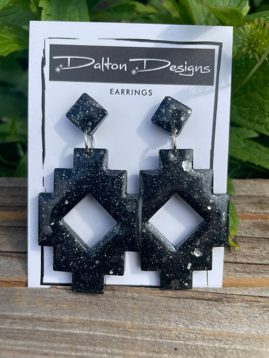 Black + Gray Glitter Aztec Style Earrings