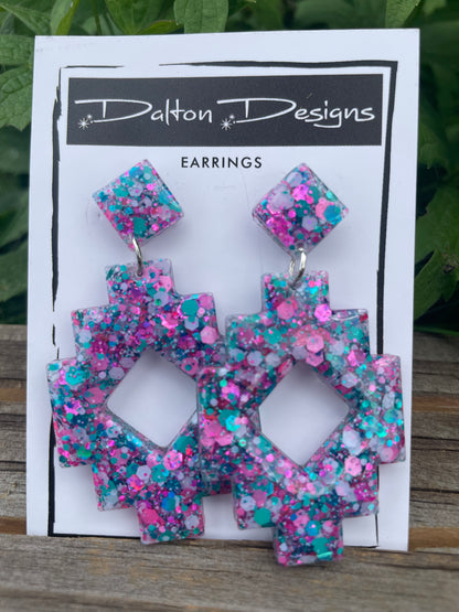 Pink + Teal Aztec Style Earrings