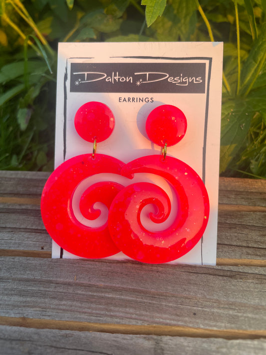 Fluorescent Red Orange Spiral Earrings