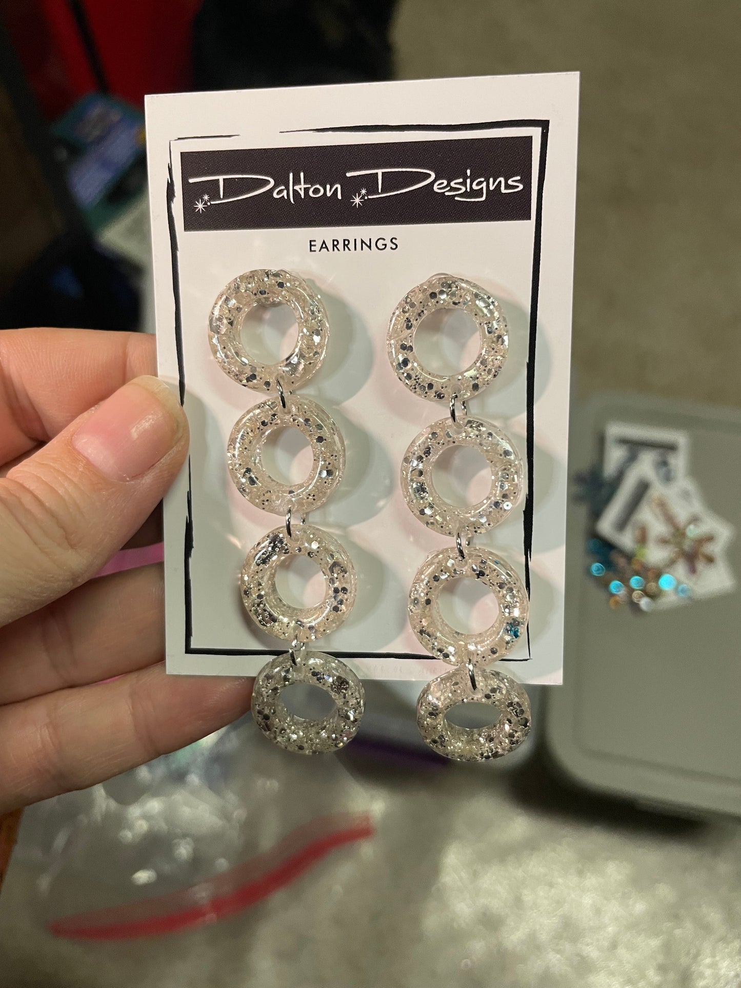 Silver Glitter Circle Chain Earring