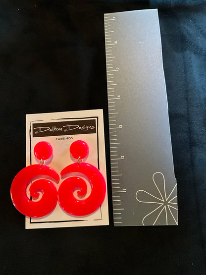 Fluorescent Red Orange Spiral Earrings