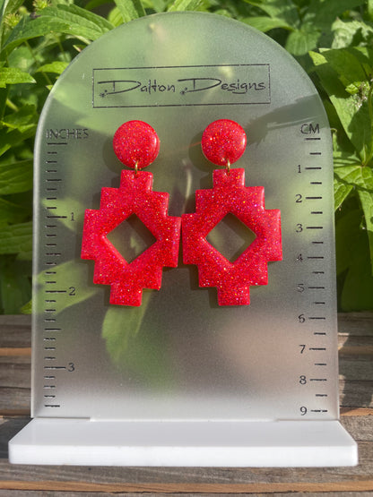 Bright Red Aztec Style Earrings