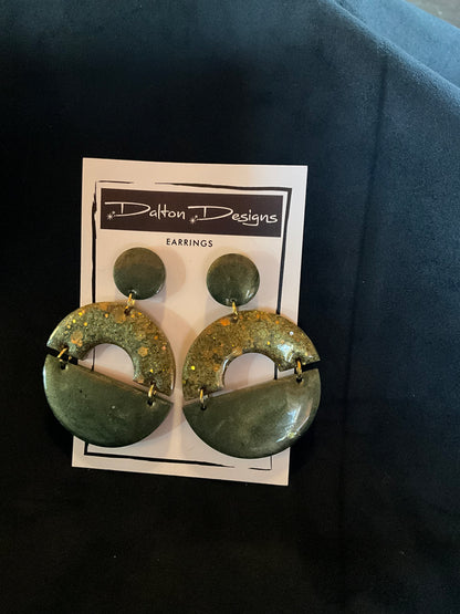 Olive Green with Gold Glitter Modern Arch Earrings