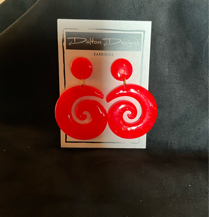 Fluorescent Red Orange Spiral Earrings