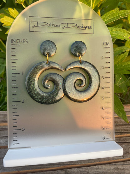 Smokey Hunter Green Glitter Spiral Earrings