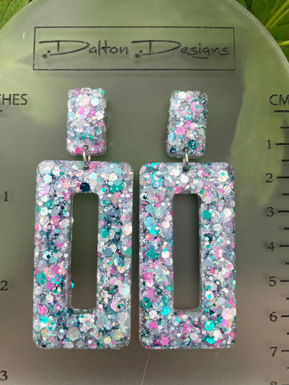 Teal+Pink+Silver Rectangular Earrings