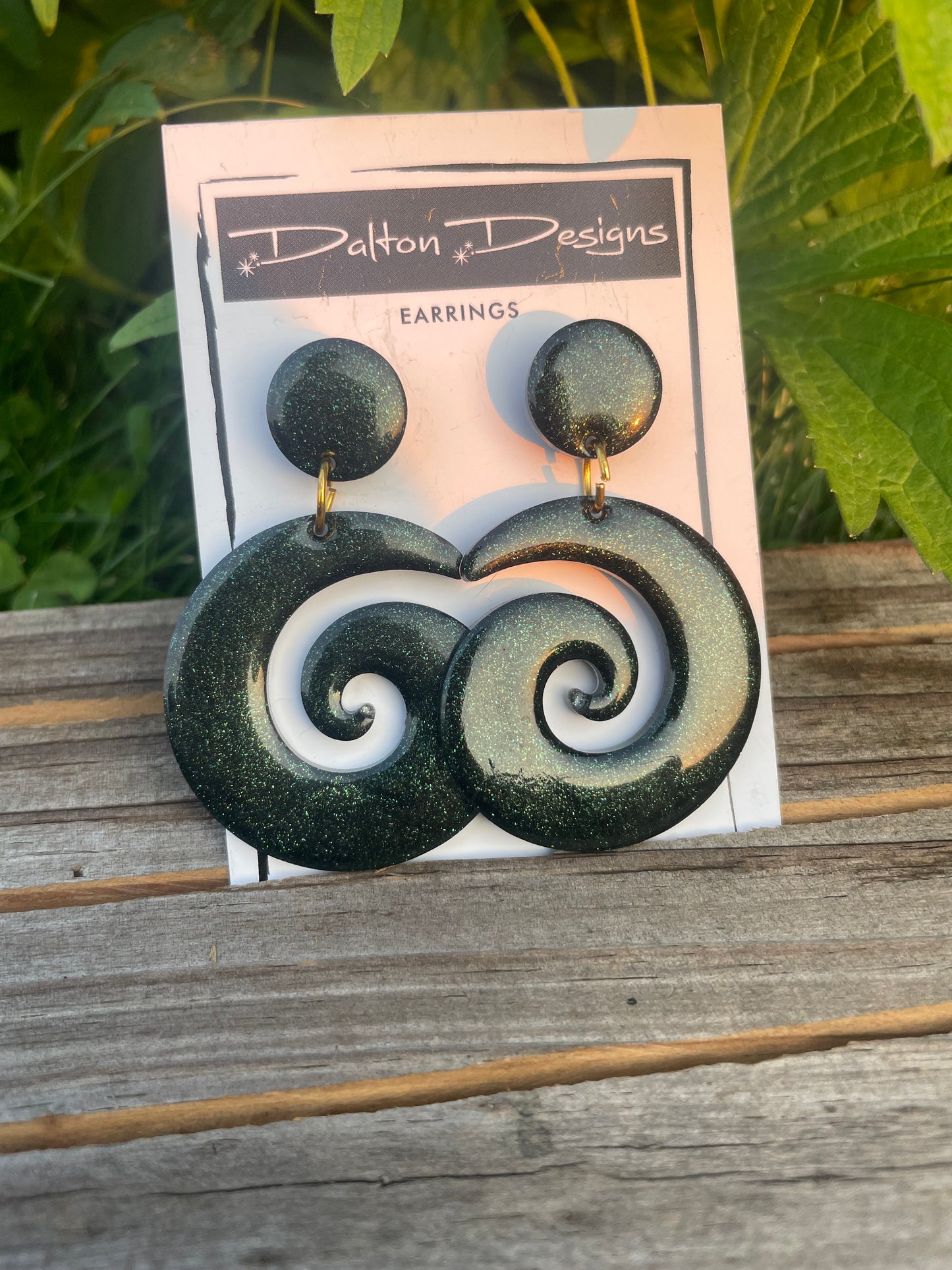 Smokey Hunter Green Glitter Spiral Earrings
