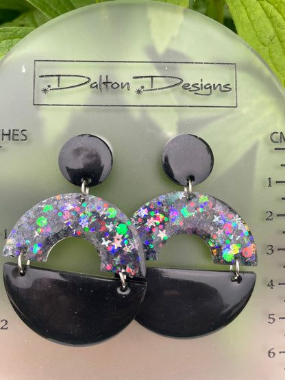 Black and AB Star Glitter Modern Arch Earrings