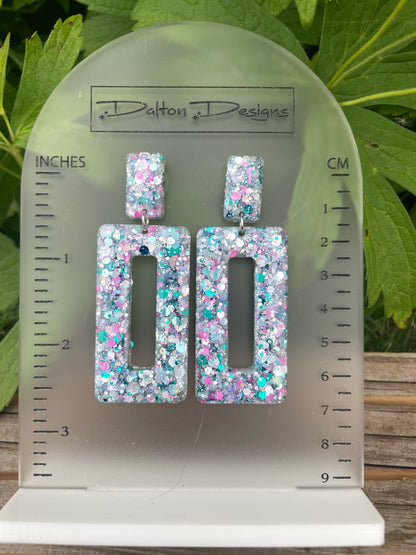Teal+Pink+Silver Rectangular Earrings