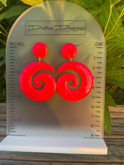 Fluorescent Red Orange Spiral Earrings