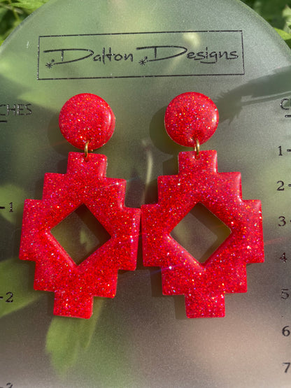 Bright Red Aztec Style Earrings