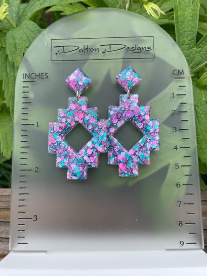 Pink + Teal Aztec Style Earrings
