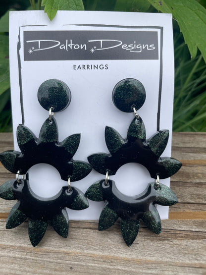 Black and Green Shimmer Starburst Earrings