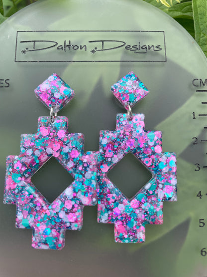 Pink + Teal Aztec Style Earrings